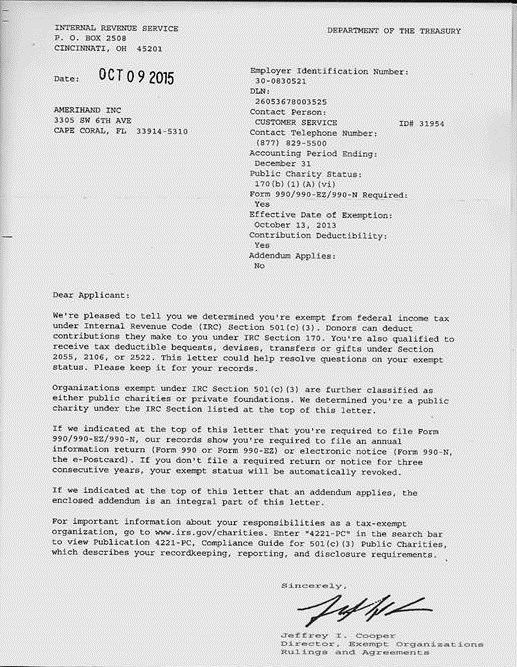 AMeriHand IRS chairty letter