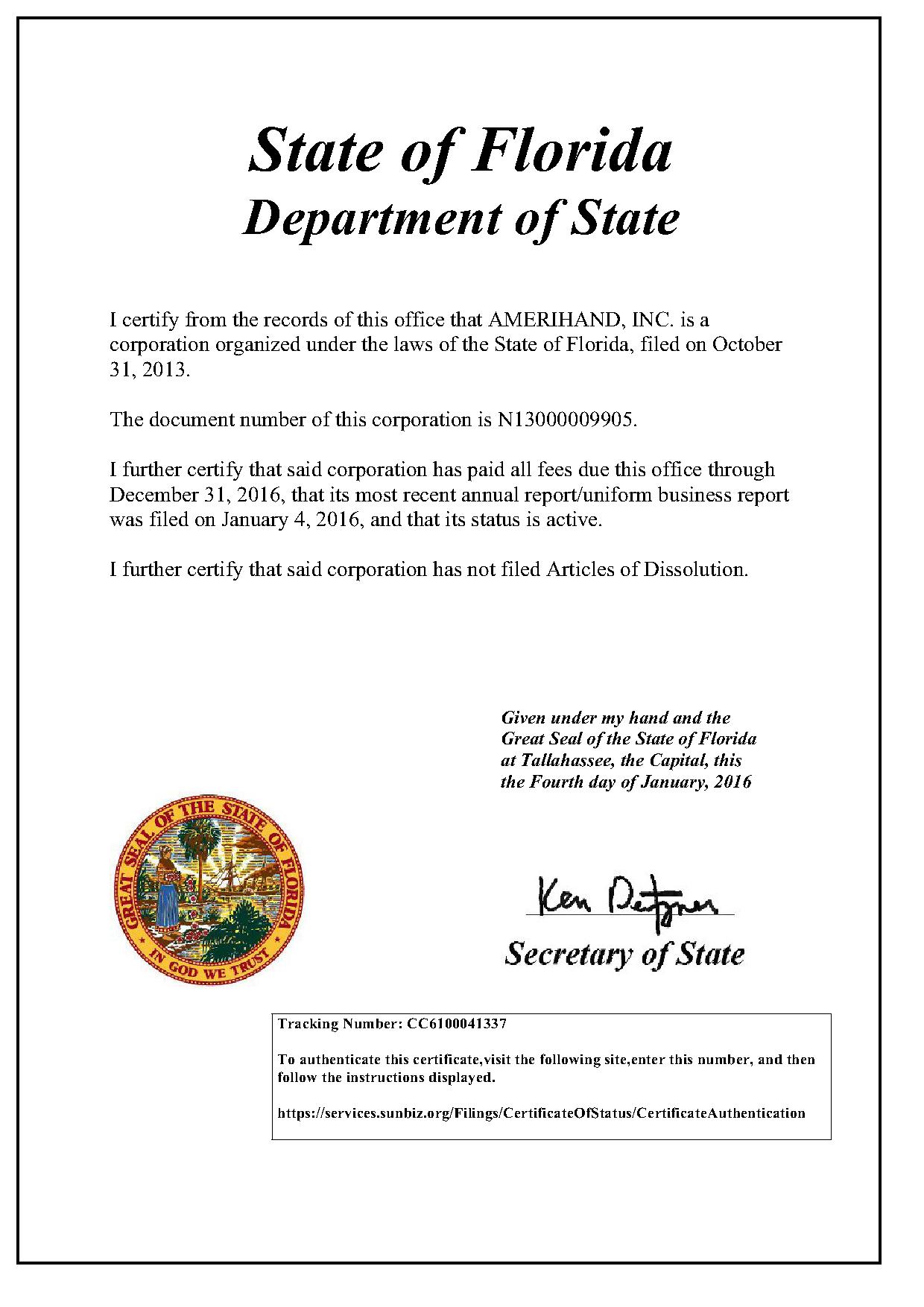 AmeriHand Corporate Status Certificate